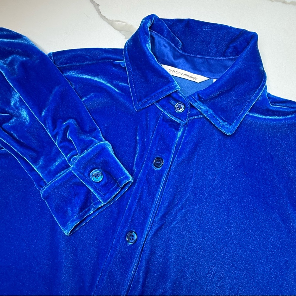 Soft Surroundings women's velvet velour long sleeve button down size small‎ blue